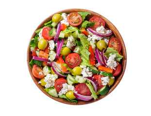 Plate of fresh salad with vegetables, feta cheese and olives isolated on transparent background, top view