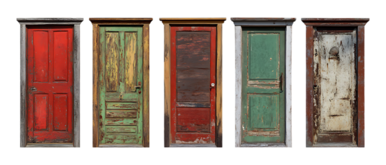 Pack Collection Five Rustic Antique Doors Vintage Wood Door Textures for Design set against transparent background