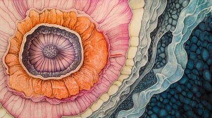 Vibrant Abstract Floral Design with Intricate Patterns and Rich Color Variation in Orange, Pink, and Blue Tones