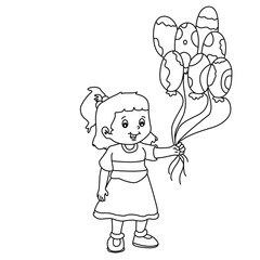Cute cartoon hand drawn vector girl holding colorful balloons outline.