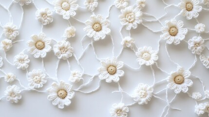 Delicate handcrafted crochet flowers on soft background creating a charming seamless design for textile, wallpaper, and artistic projects
