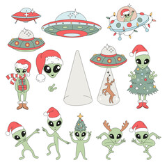 Retro Groovy Outer Space Christmas Vector Illustration Set of Flying Saucers and Green Aliens in Santa Hats, Antlers, Christmas Tree Outfits and Accessories. Perfect for holiday cards, kids designs