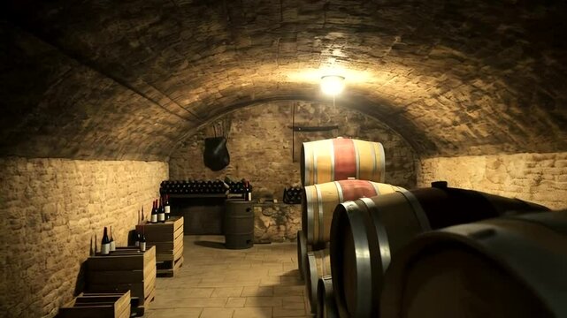 Wooden wine barrels stacked in a cellar
