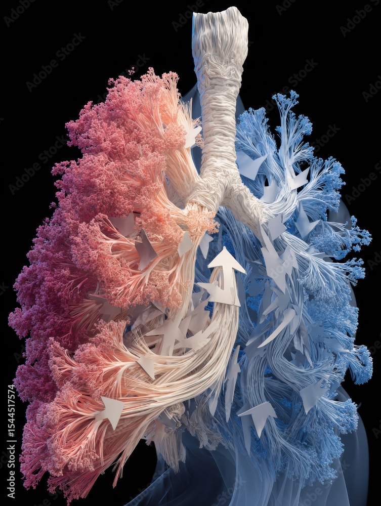 Poster 3d clean lung model illustrating airflow disruption with directional arrows indicating respiratory i