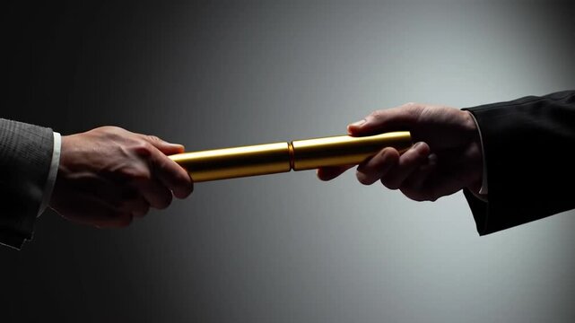 Gold Baton Exchange: Close Up Hands Transferring Power