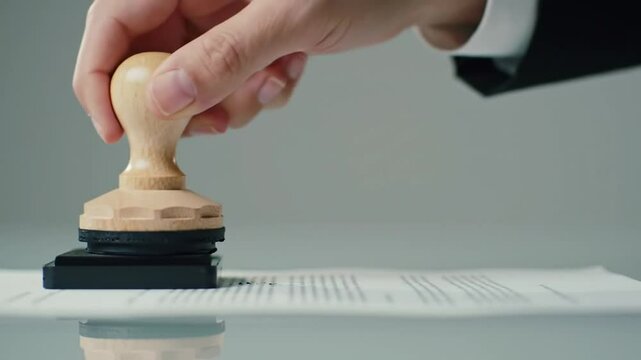 Hand Stamping Document: Close Up of Wooden Handle and Black Ink on Paper
