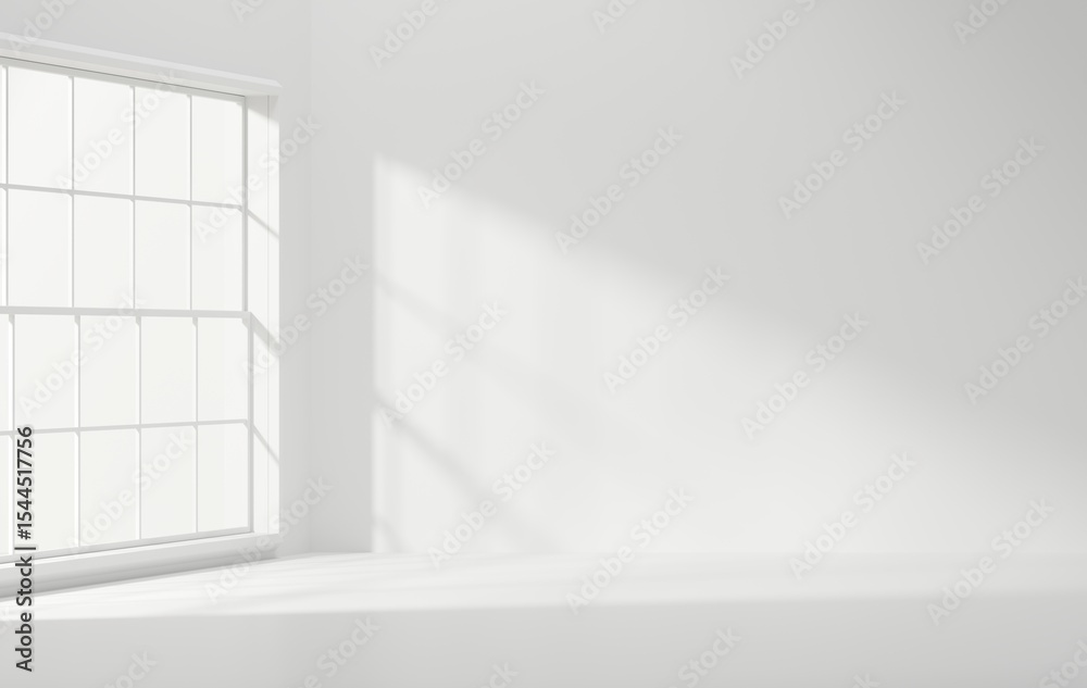 Poster minimal empty white room with window lighting 3d rendering and copy space