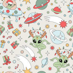 Retro Groovy Christmas in Space Vector Seamless Pattern Green Alien with Antlers, Little Green Man in Flying Saucer, Gifts, Comets, Stars. Perfect for holiday wrapping paper, greeting cards, kids