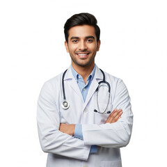 young indian male doctor standing with arms crossed and cheerful expression