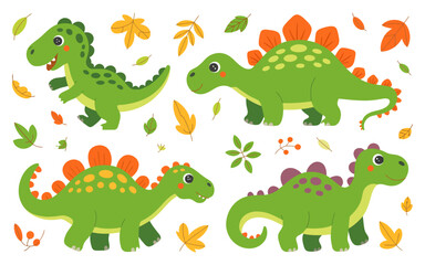 Playful Dino Illustration – T-Rex & Stegosaurus in a 2x2 Grid with Fall Elements