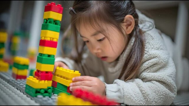 Young girl focused on building a colorful tower with interlocking blocks on a play mat, showcasing creativity and concentration in a playful environment