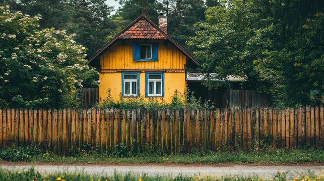 A yellow house with a wooden fence in front of a forested area.