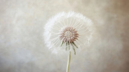 Fototapeta premium Delicate Close-Up of a Dandelion Seed Head Against a Soft Blurred Background Capturing the Beauty and Fragility of Nature's Design
