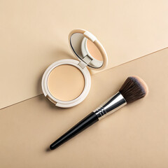Elegant Powder Compact and Brush on Neutral Background for Beauty and Cosmetic Product Photography and Marketing Materials with Copy Space