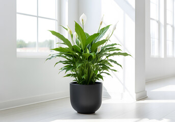 Fototapeta premium Lush peace lily in ceramic pot thrives in bright, airy room, casting dramatic shadows on clean white wall