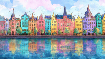 Obraz premium Vibrant watercolor cityscape with colorful buildings reflecting on the river in a whimsical fantasy setting