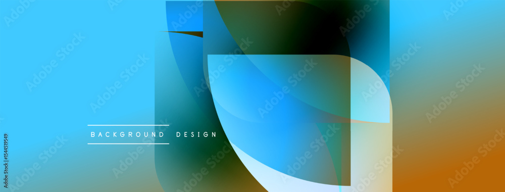 Poster abstract design features overlapping shapes, vibrant blue hues, orange gradient. modern aesthetic, c