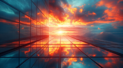 Sunset reflection on modern glass skyscraper with dramatic sky. Perfect for architectural, business, and urban design presentations.