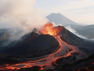 Fototapeta premium Erupting Volcano with Flowing Lava
