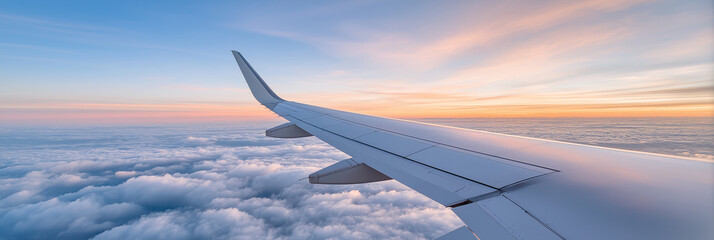 View through an airplane window during the golden hour,  The aircraft wing extends over a sea of fluffy clouds, with a vibrant gradient of orange, pink, and blue in the sky,dramatic perspective. 