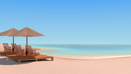 Wooden umbrellas with thatched roof, sun loungers and wooden decking on a sandy beach by the sea. 3d illustration against blue sky