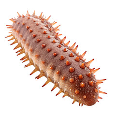 A close-up view of a sea cucumber with a spiky texture and reddish-brown coloration. The background is black, highlighting the unique features of the marine animal.