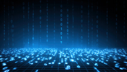 Vivid digital landscape with glowing grid and binary code illuminating a tech-driven world filled with data