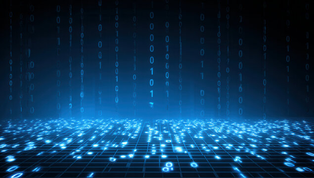 Vivid digital landscape with glowing grid and binary code illuminating a tech-driven world filled with data