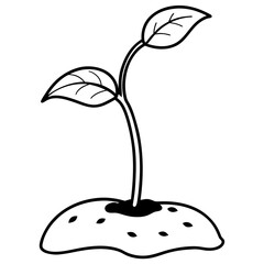 Small Sprout Emerging from Soil – Two Leaves with Smooth Stem in Line Art