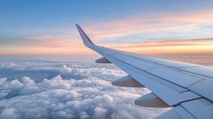 View through an airplane window during the golden hour,  The aircraft wing extends over a sea of fluffy clouds, with a vibrant gradient of orange, pink, and blue in the sky,dramatic perspective. 
