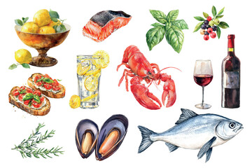 Watercolor set of Mediterranean food. Fish lemons, bruschetta, grapes, wine, mussels and products. Concept of seafood and dishes from them. Vector illustration.