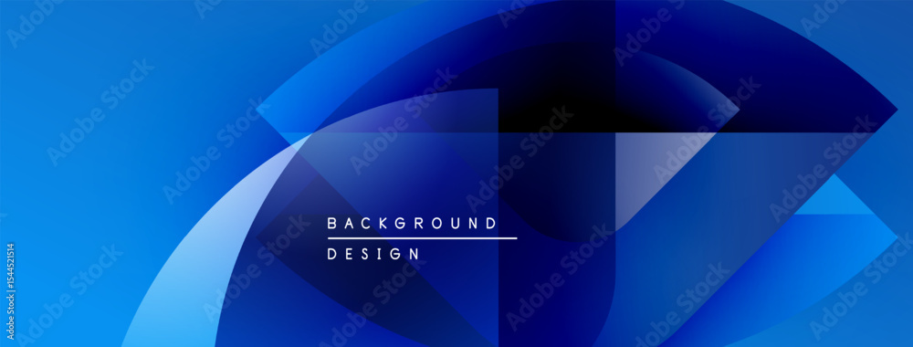 Poster Abstract blue design features overlapping shapes, gradients. Modern background with text elements, simple composition.