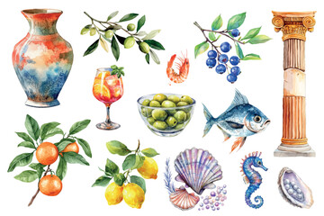 Set of Mediterranean elements. Greece concept. Ancient Greek vase and columns, olives, lemon, orange and others. Aperol glass with olives, seahorse and shells. Sea travel elements.