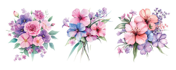 Set of pink watercolor bouquets png. Watercolor floral arrangements of pink, purple and blue flowers decorated with green leaves. Wedding design concept. Watercolor botanical illustration.