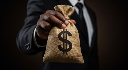 African American businessman offering a burlap sack filled with money