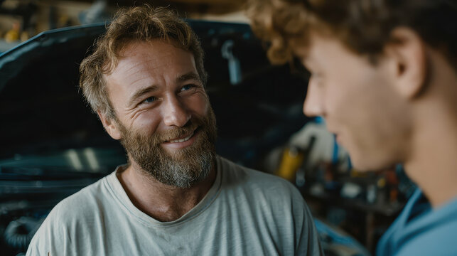 Father and son repairing car together in garage