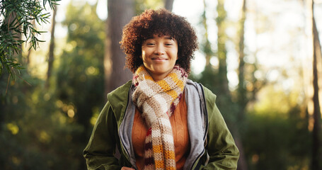Relax, hiking and portrait of woman in nature for trekking, adventure and explore wilderness. Eco tourism, backpacking travel and journey with person in forest for vacation, peace and wellness trip
