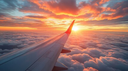 A vibrant sunset viewed from an airplane window, with the wing cutting through a sea of clouds.