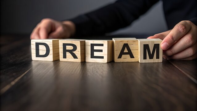 Wooden blocks spelling dream on dark wood tabletop