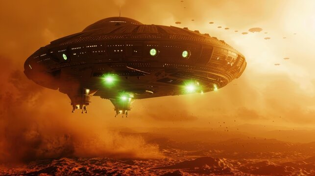 Large UFO with green lights hovers above alien desert landscape. AI-generated.