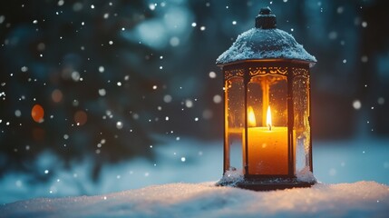 A glowing candle inside a snow-covered lantern illuminates a snowy scene with soft falling snowflakes and a blurred wintery background.