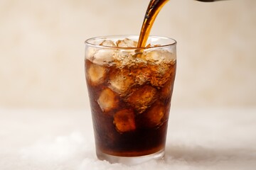 Refreshing cola drink pouring into a glass with ice, creating splashes and bubbles, set against a blurred background, offering a cool and inviting refreshment.