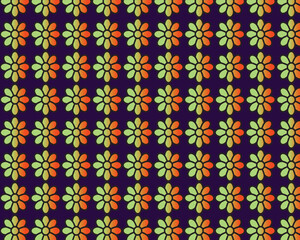 Retro Floral Pattern with Orange and Green Flowers on a Dark Purple Background