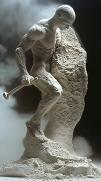 Build your essence: a sculpture cuts away unnecessary stone from itself, expressing the journey of focus, growth, and unwavering commitment to personal goals and inner mastery