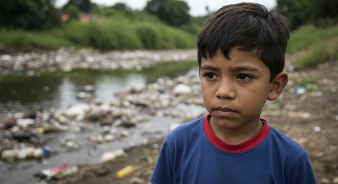 Pensive Child Near Polluted Riverbank - Powered by Adobe