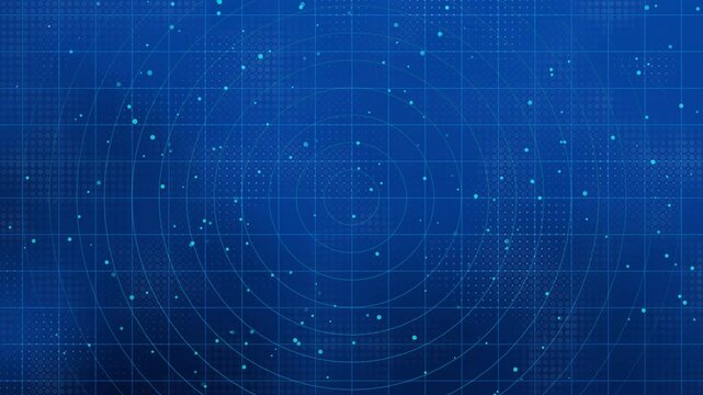 Loopable digital technology background - blue radar interface with concentric circles and grid pattern