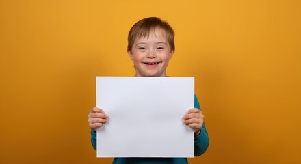 Excited boy with down syndrome holding blank white paper, teal shirt, orange background. Special needs child with empty canvas, creative potential concept