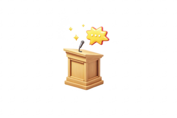 Wooden podium with a microphone, golden stars and speech bubble, suggesting an important announcement