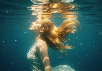 Underwater portrait of a woman with blonde hair in blue water