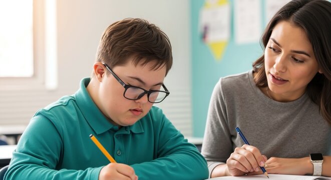 Teacher helping boy with down syndrome writing, green polo shirt, glasses, classroom setting. Special education, inclusive learning support. Educational assistance concept